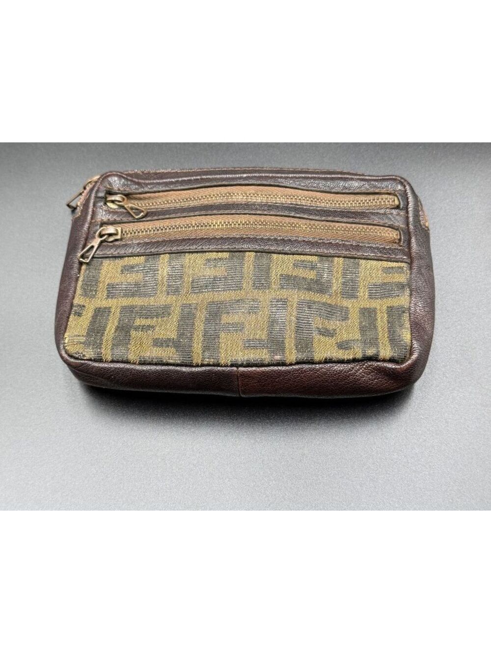 Vintage Fendi Zucca Canvas Leather Multi Zipper Pouch Coin Purse Cosmetic Bag